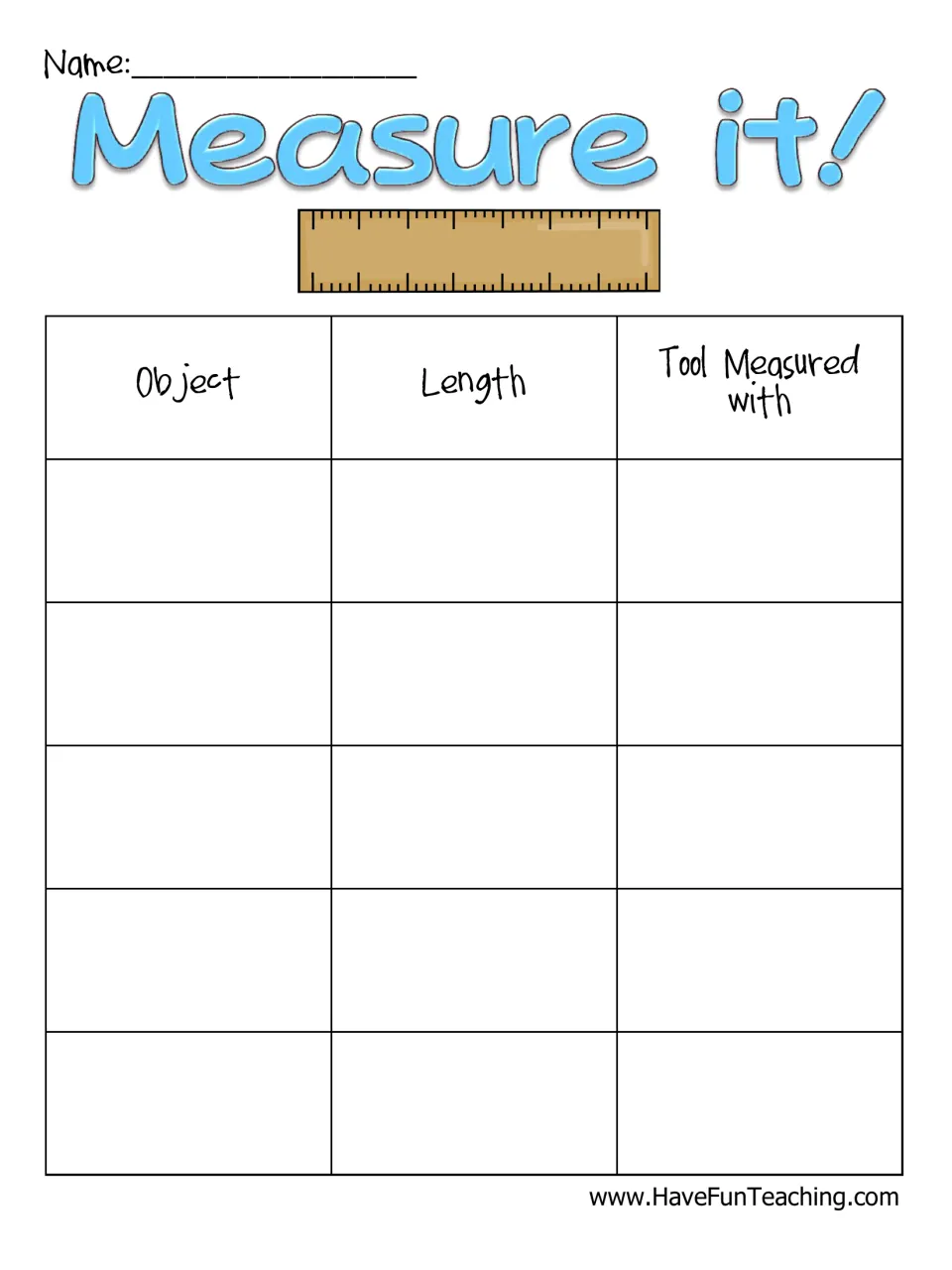 Measuring recording sheet: students write each object, its length and the tool they measured it with in five rows
