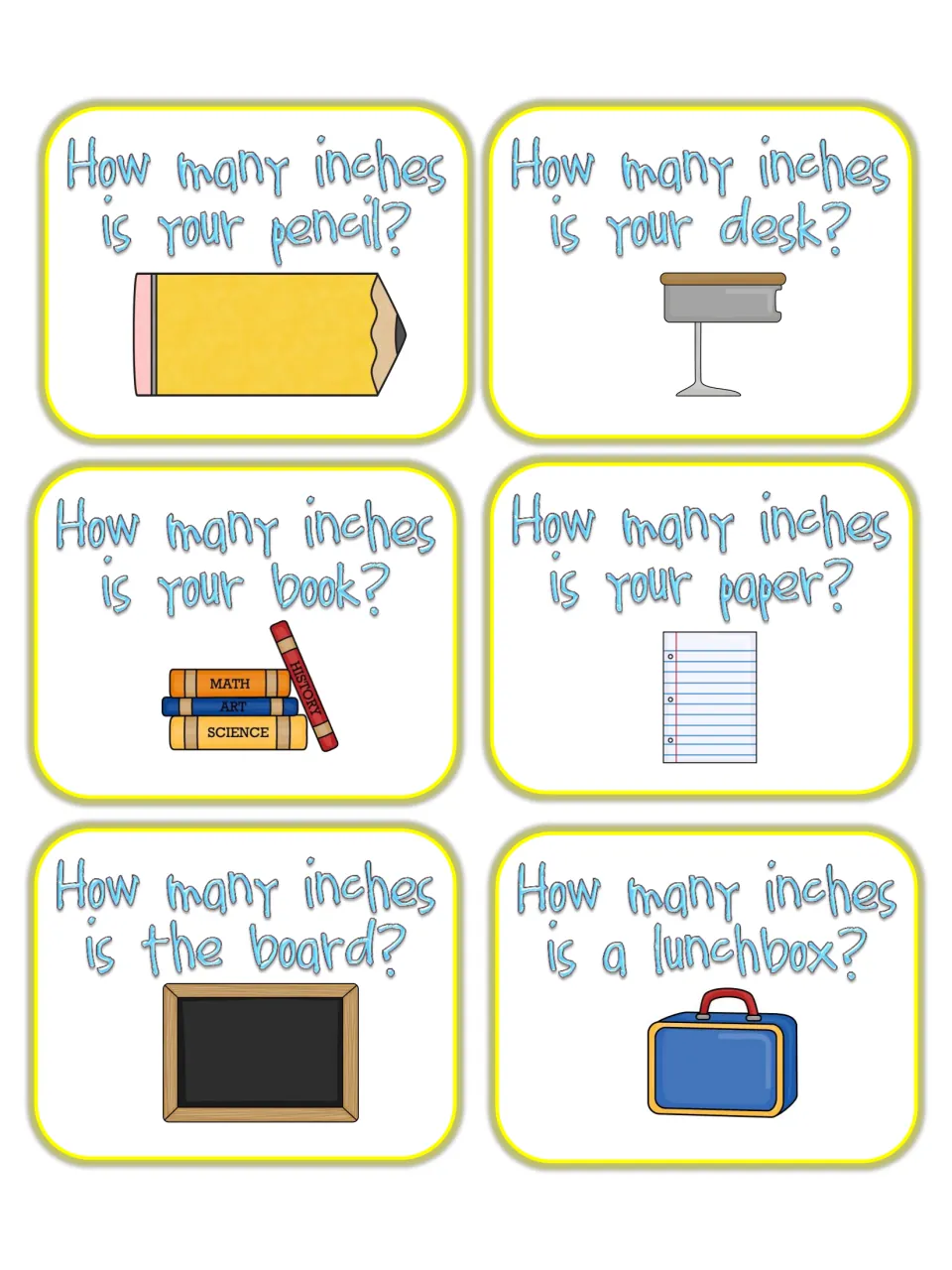 Measuring task cards asking how many inches long a pencil, desk, book, paper, the board and a lunchbox are