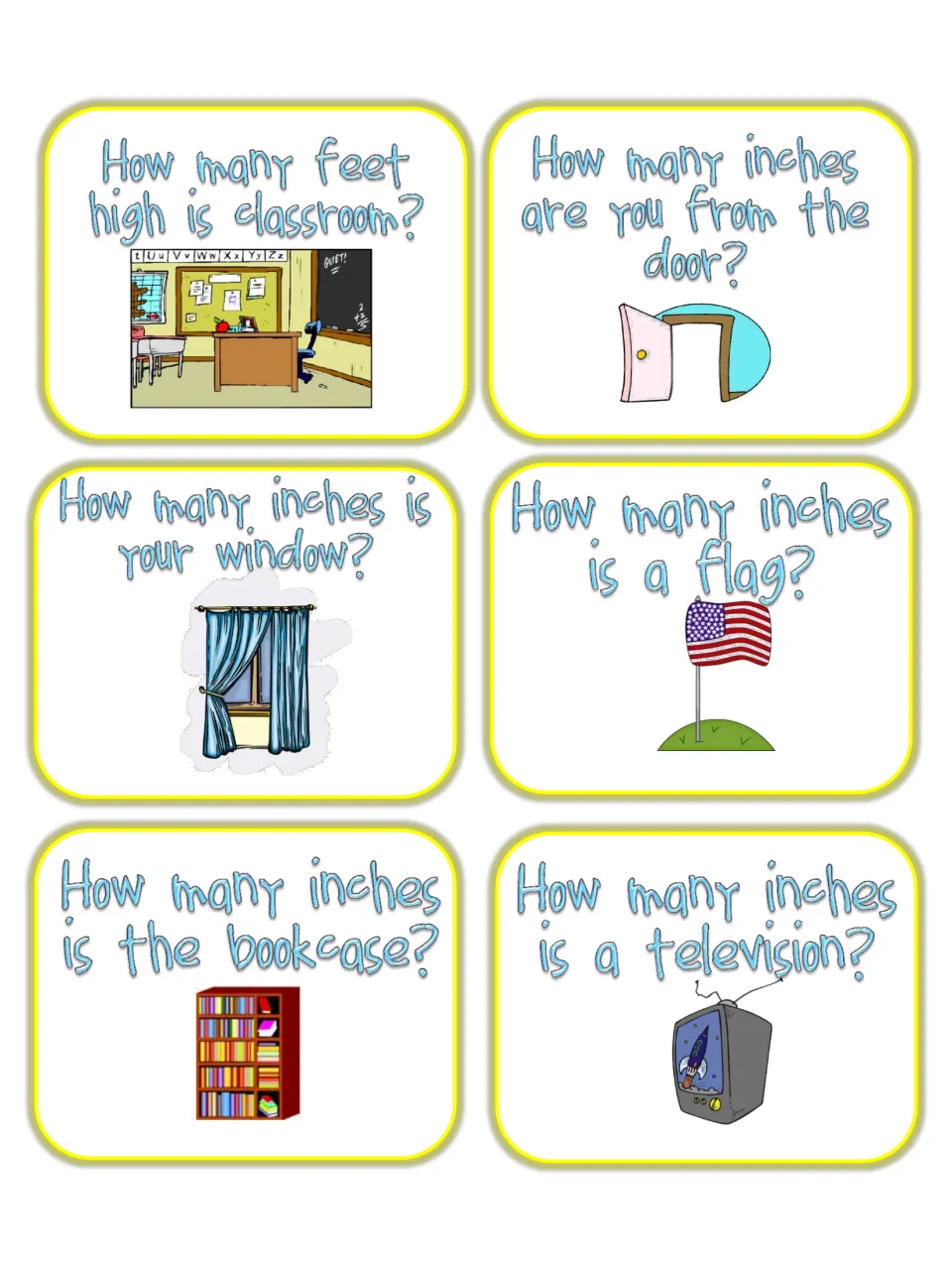 Task cards: feet for classroom height; inches for distance to the door, a window, a flag, the bookcase and a television