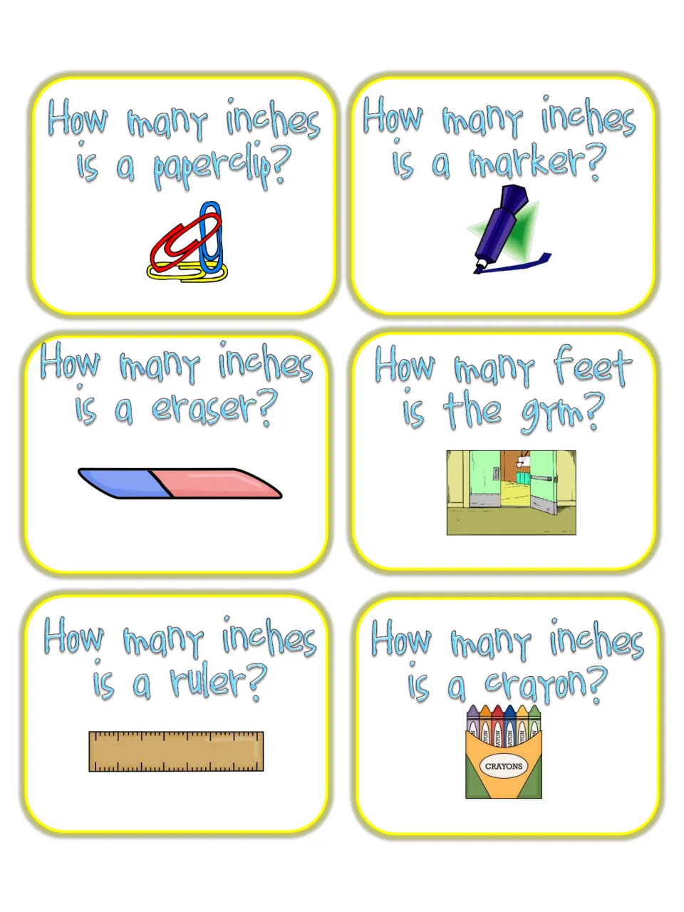 Task cards asking inches for a paperclip, marker, eraser, ruler and crayon, and how many feet long the gym is