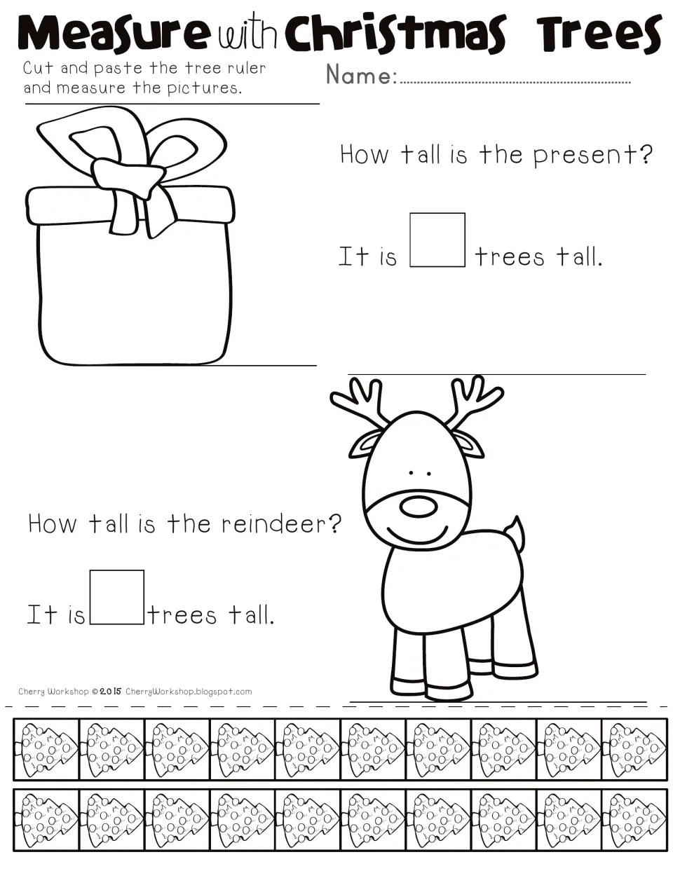 Nonstandard measuring page: how tall are the present and the reindeer, in trees, with cut-out tree rulers