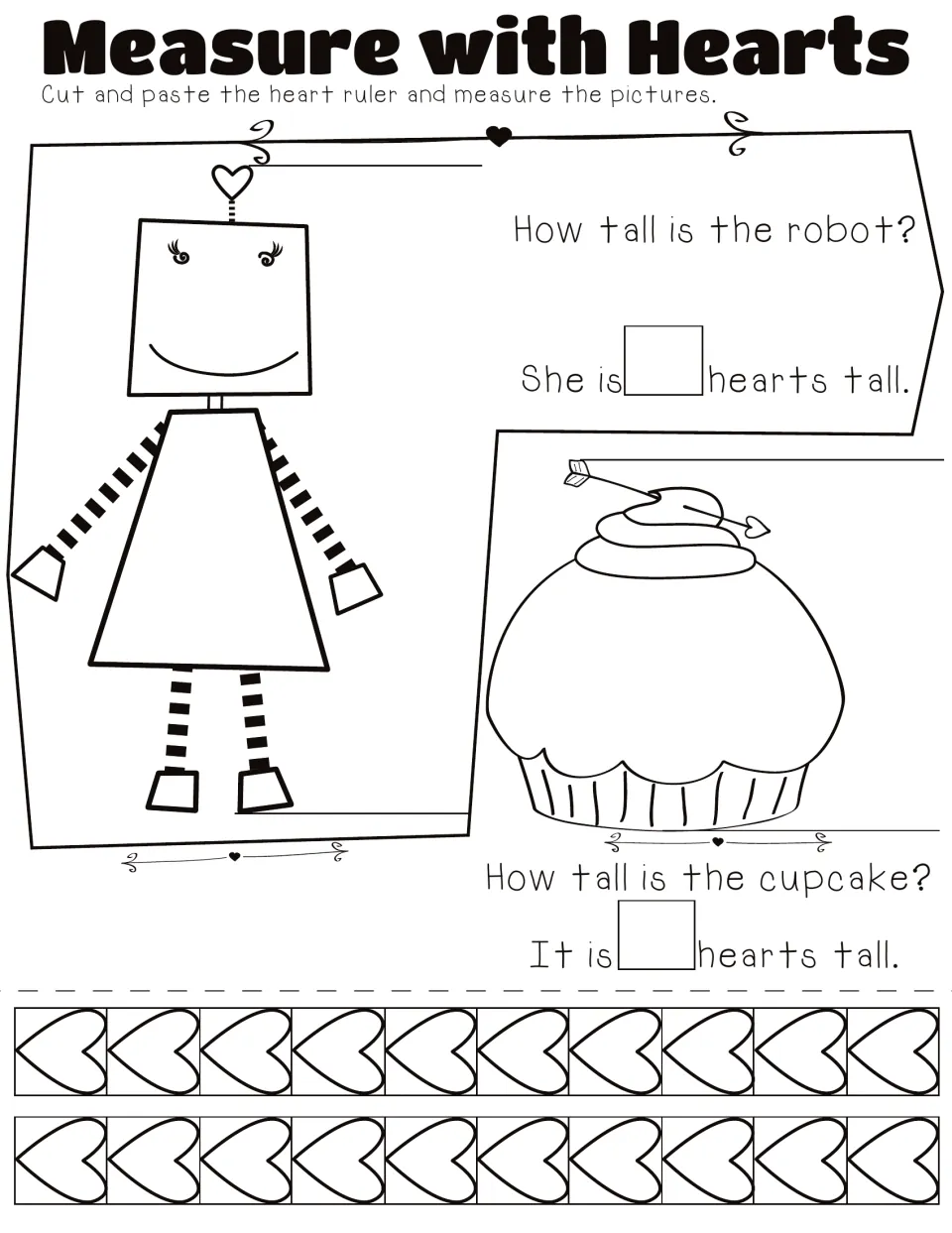 Nonstandard measurement: students cut out a heart ruler and record how many hearts tall a robot and a cupcake are