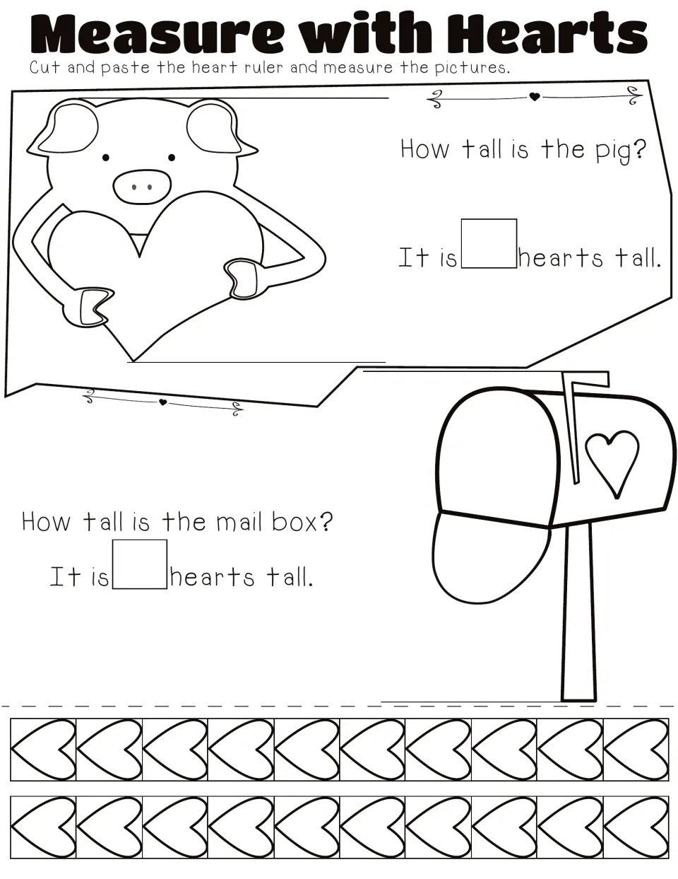 Measuring height in heart units: students paste a cut-out heart ruler to find how tall a pig and a mailbox are