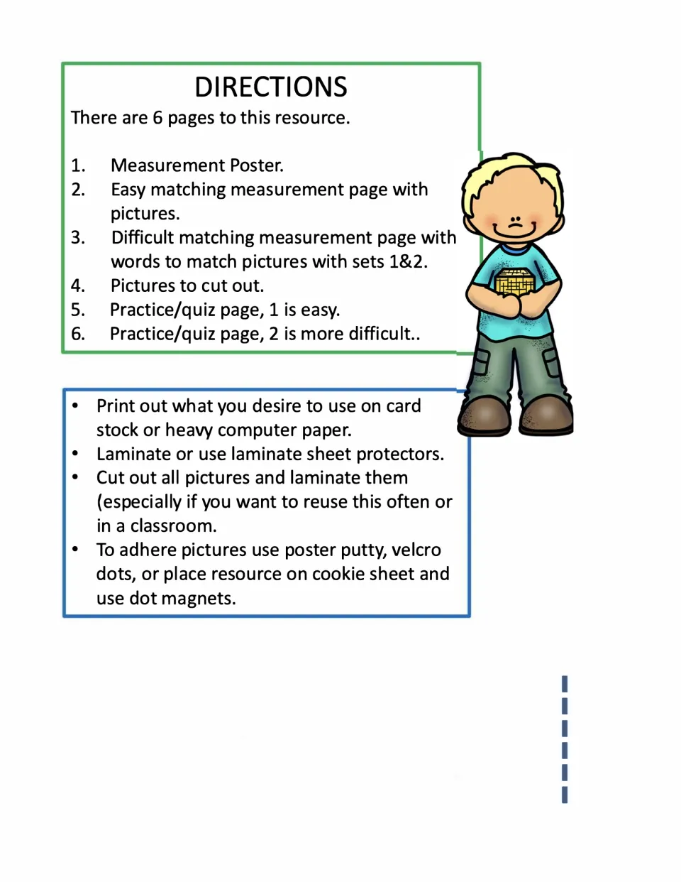 Directions: teacher notes listing six parts, from poster to two matching pages and quizzes, plus print and laminate tips