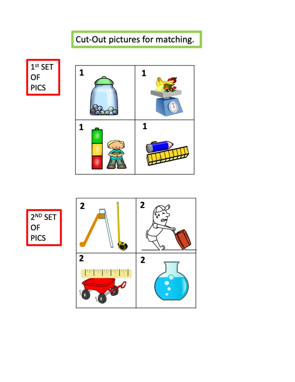 Measurement picture cards to cut out: set 1 repeats the poster images; set 2 shows a slide, suitcase, wagon and flask