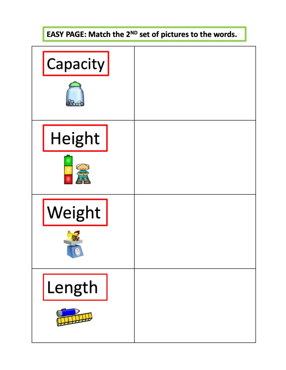 Easy matching: students place set 2 cards beside capacity, height, weight and length, each shown with a picture clue