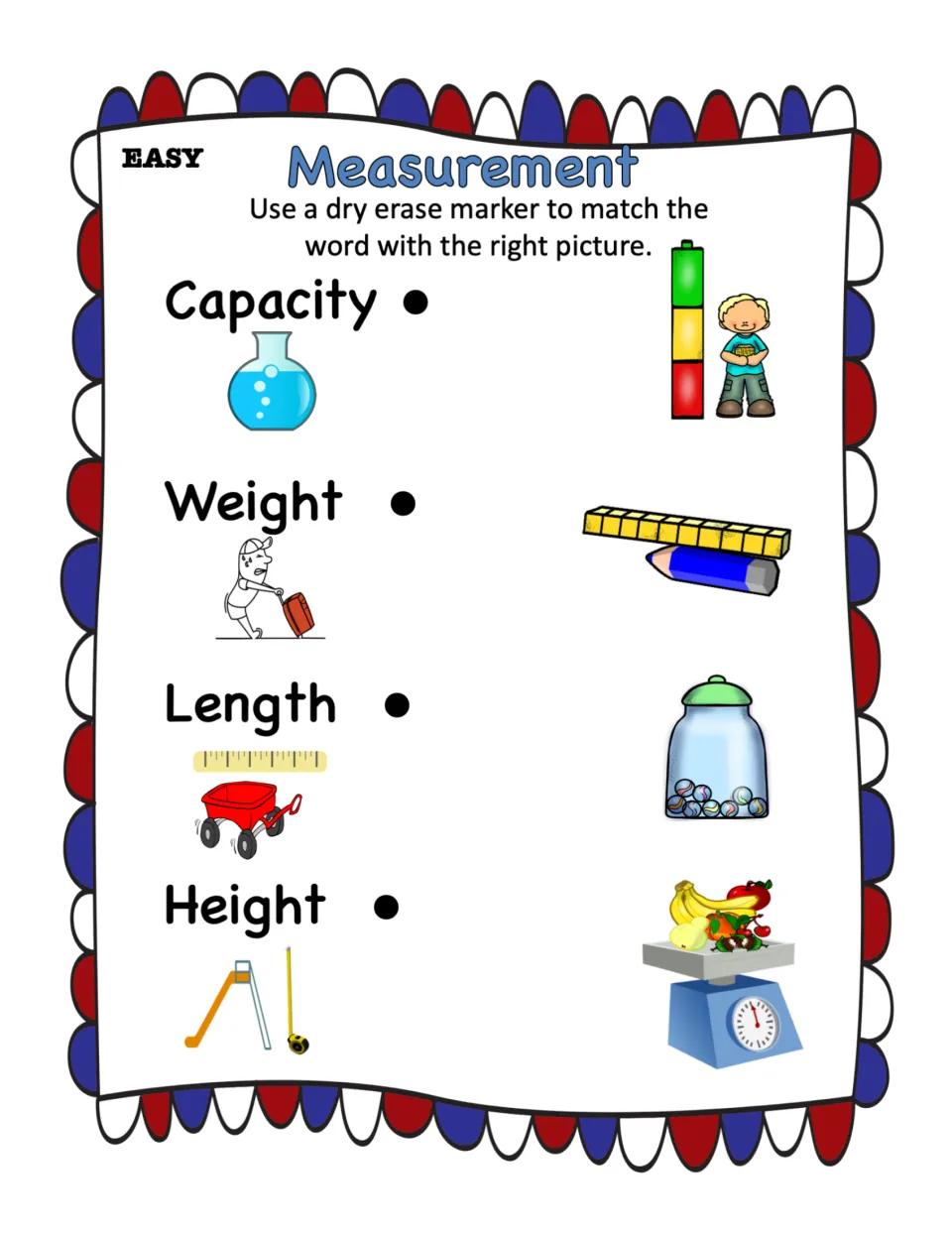 Easy measurement quiz: students draw lines with dry erase marker from each word and its picture clue to the matching image