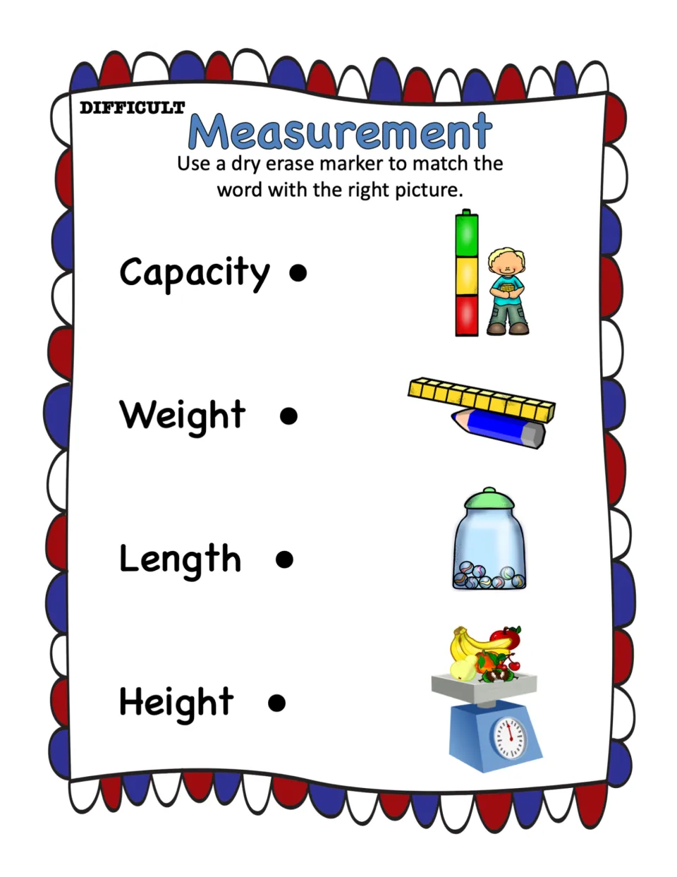 Difficult measurement quiz: students link capacity, weight, length and height to four pictures without picture hints