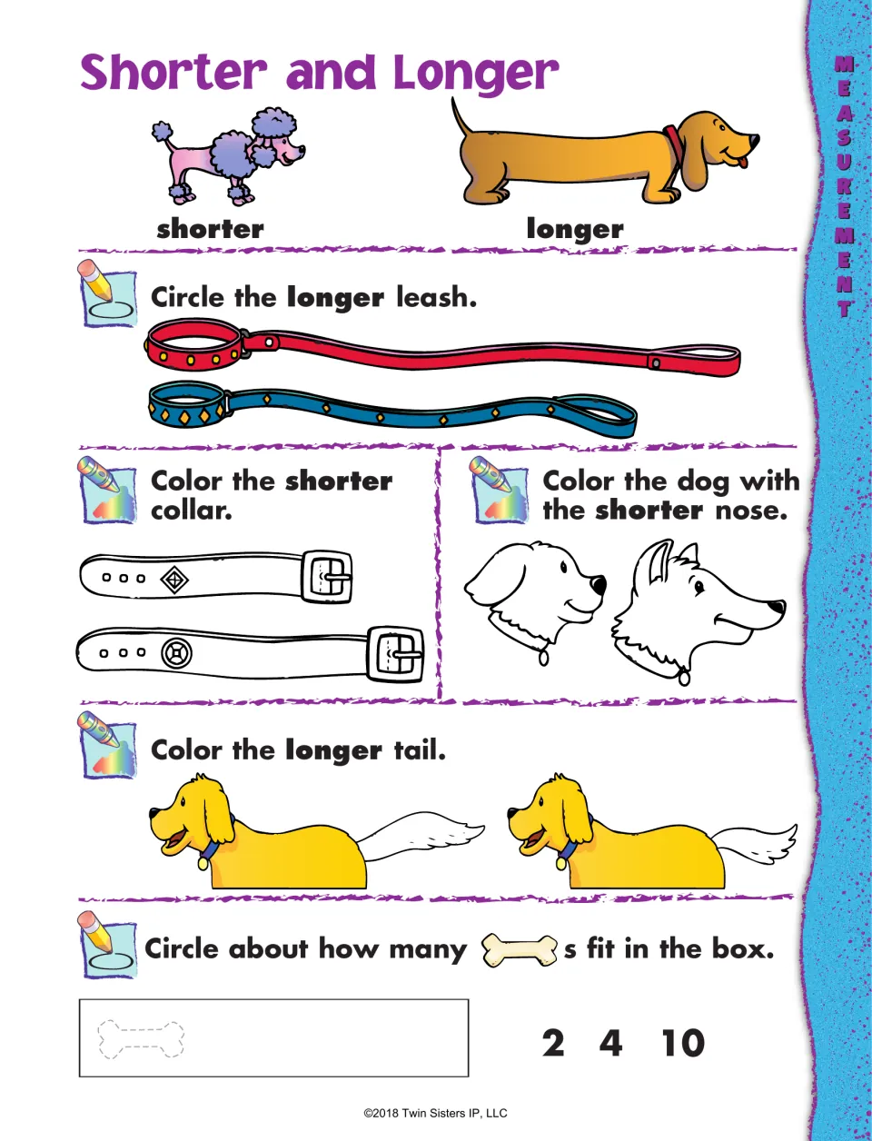Length comparison worksheet: identify longer leashes, shorter collars and noses, longer tails, and estimate bones