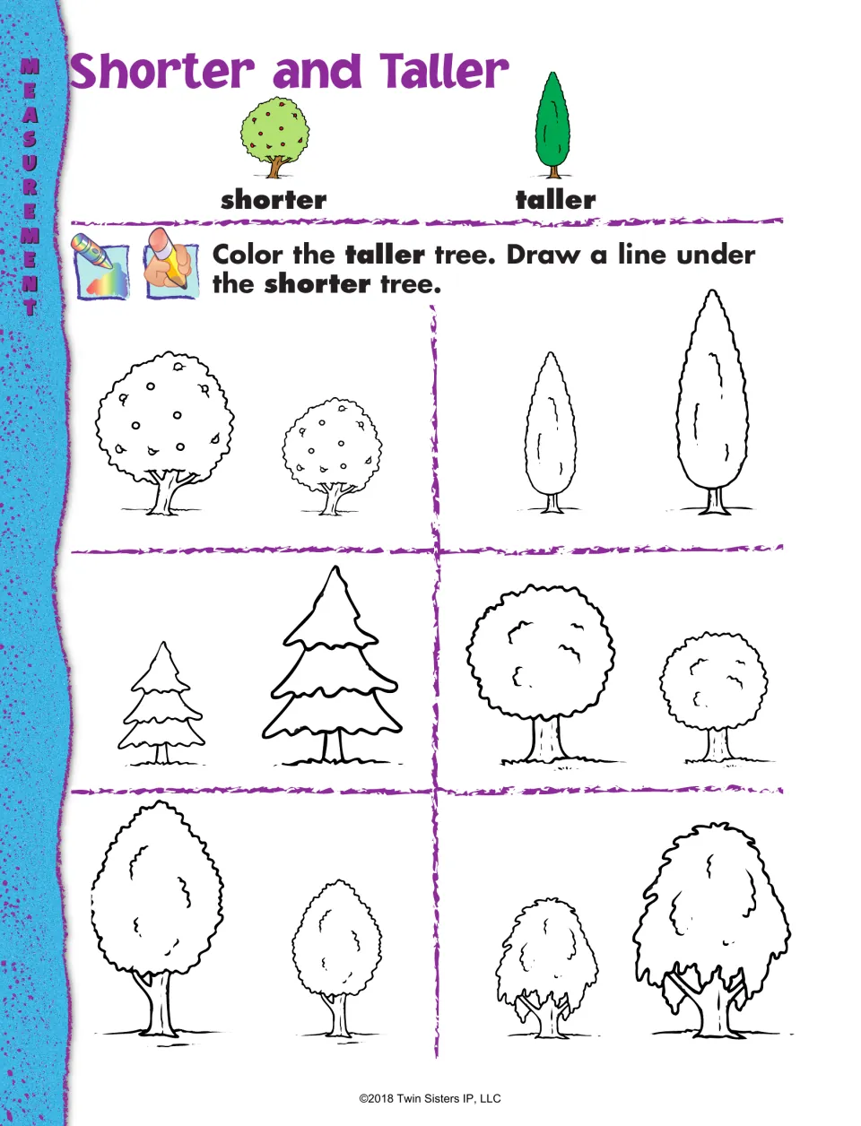 Height comparison worksheet: color the taller tree and mark the shorter tree in each of six pictured pairs