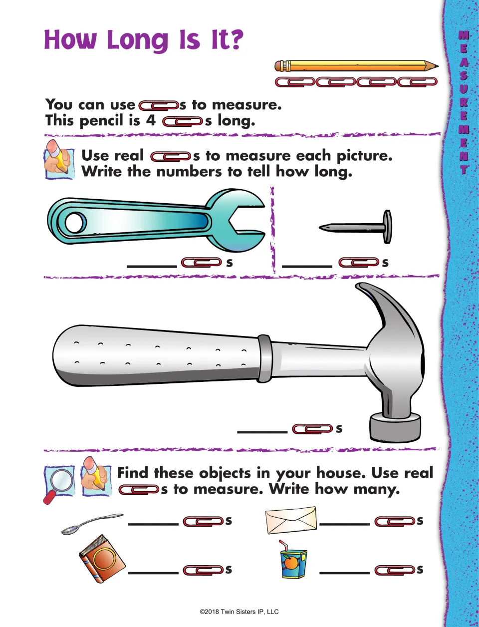 Paper clip measurement worksheet: measure a wrench, nail, and hammer, then find and measure household objects