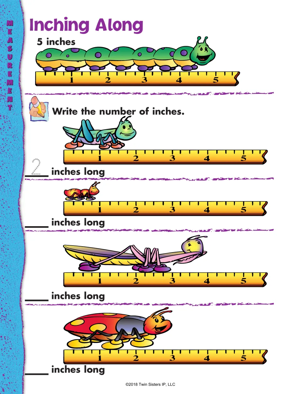 Inch measurement worksheet: read the pictured rulers to record the lengths of four insects in whole inches