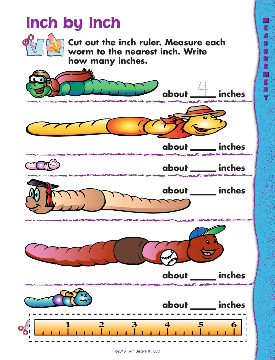 Worm measurement worksheet: cut out the inch ruler and measure six worms, recording lengths to the nearest inch