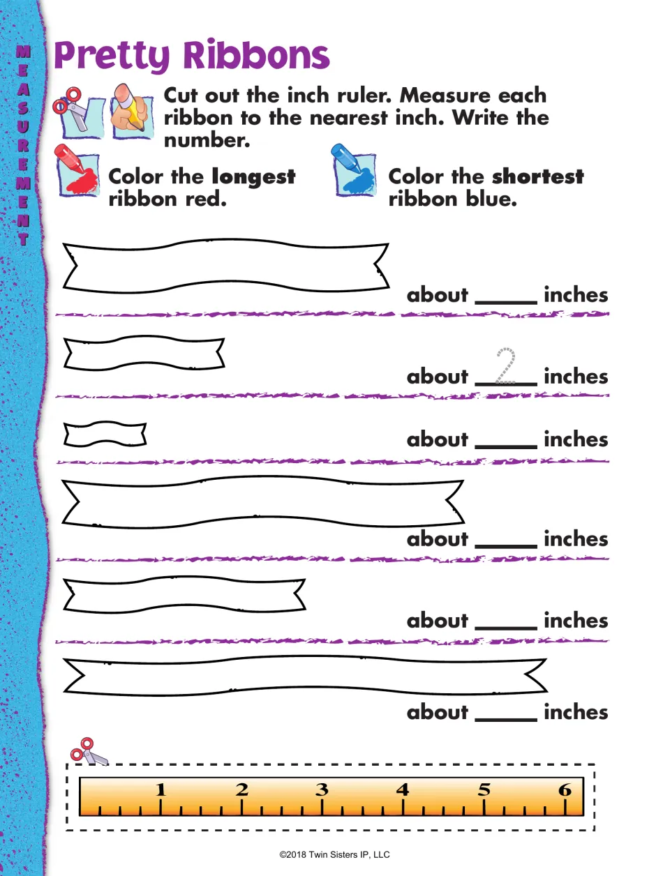 Ribbon measurement worksheet: measure six ribbons to the nearest inch; color the longest red and shortest blue