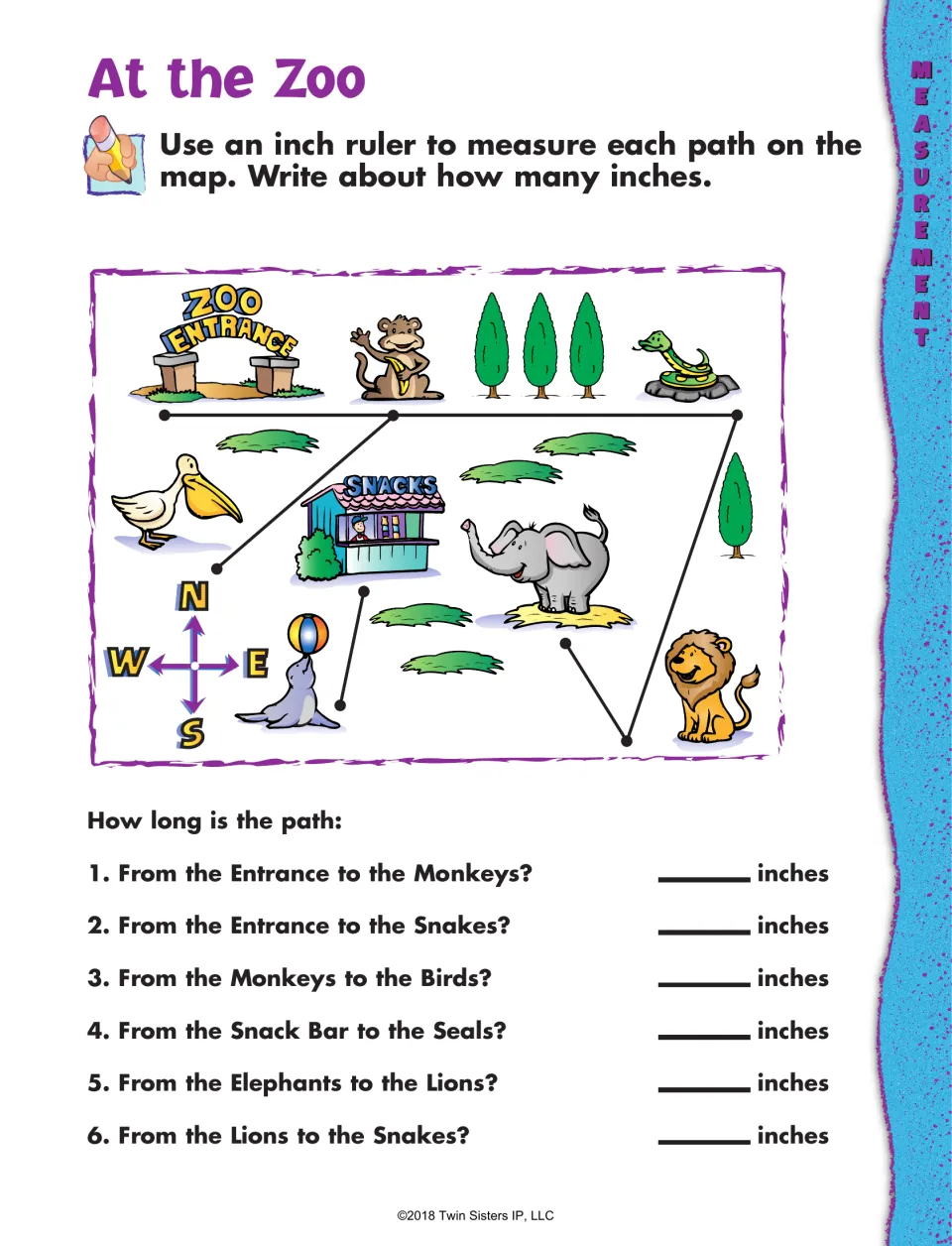 Zoo map measurement worksheet: use an inch ruler to measure six paths between the entrance, animals, and snack bar