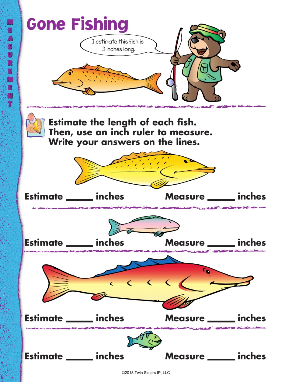 Fish length worksheet: estimate the lengths of four fish, then measure each with an inch ruler and record both