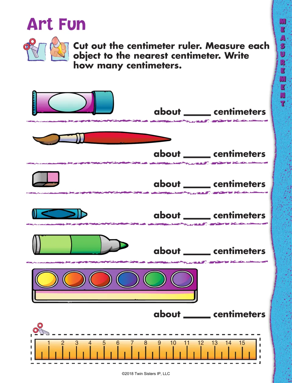 Art supply measurement worksheet: cut out the centimeter ruler and measure six objects to the nearest centimeter