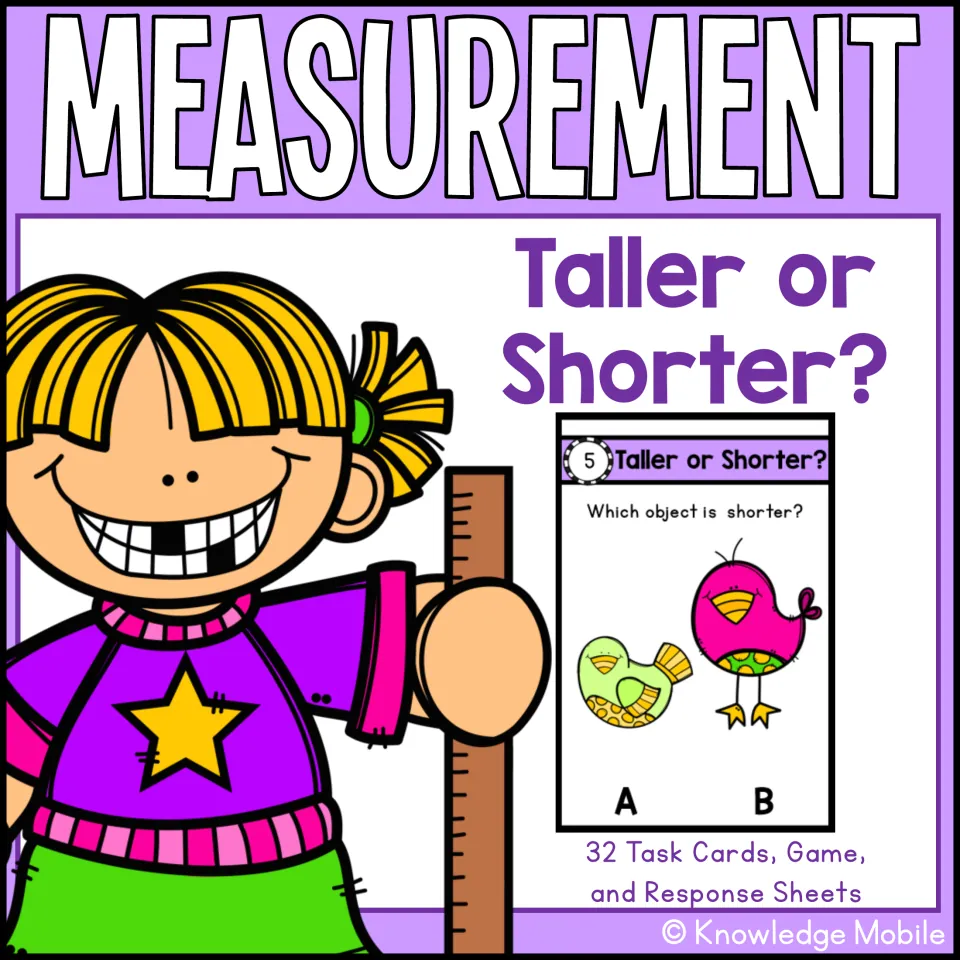 Measurement cover, Taller or Shorter?: 32 task cards, a game and response sheets, with a sample card comparing two birds