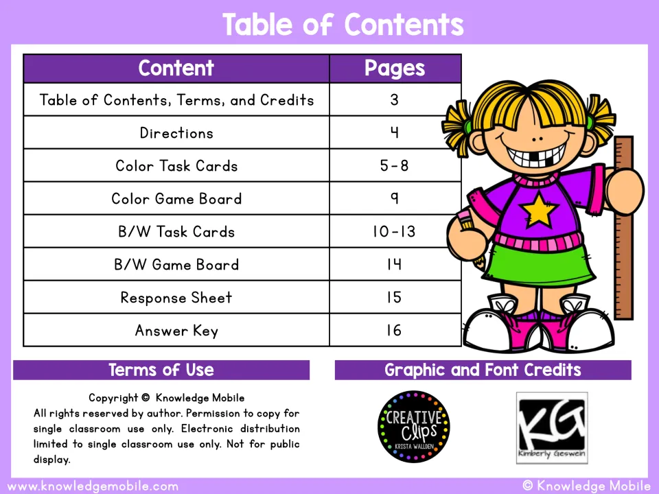 Table of contents: directions, color and B/W task cards, game boards, response sheet, answer key, terms of use and credits