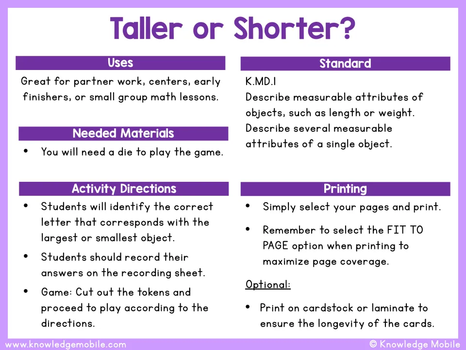 Taller or Shorter? directions: uses, K.MD.1 standard, a die as needed material, and steps for choosing A or B on each card