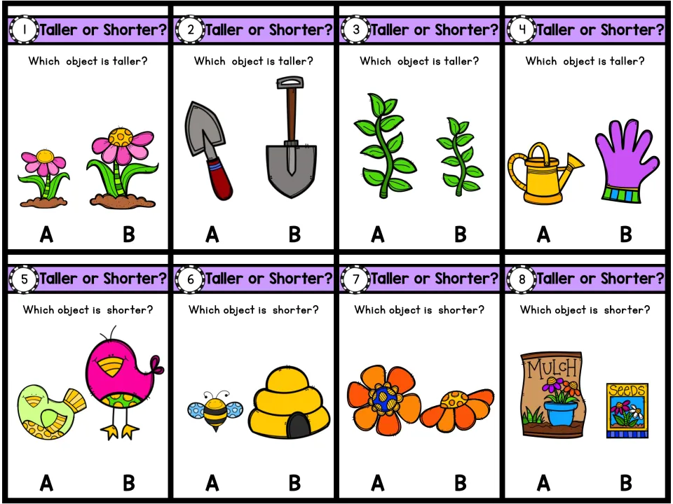 Color task cards 1-8: students compare heights of garden items like flowers, shovels and a bee and hive, choosing A or B