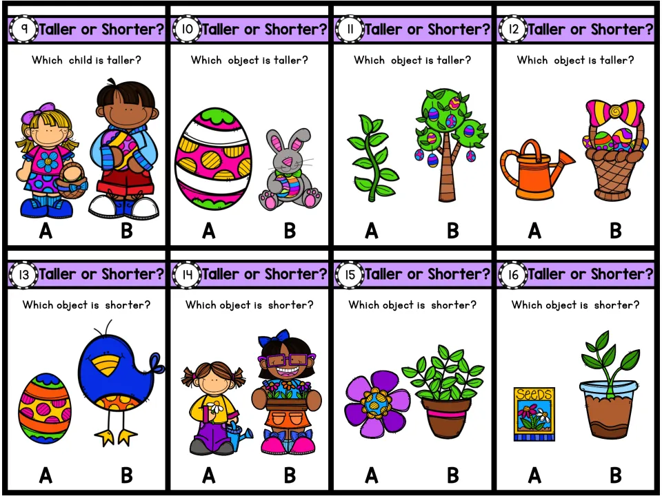 Color task cards 9-16: students pick the taller or shorter picture, comparing two children, an egg and bunny, and plants