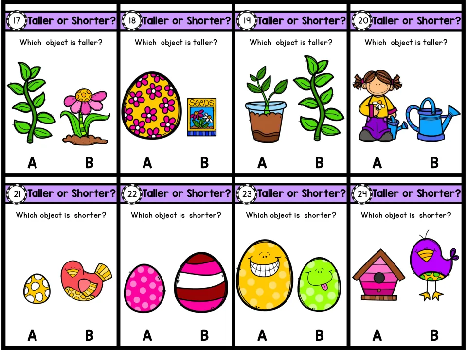 Color task cards 17-24: students compare heights of vines, eggs, a seed packet, a girl, a watering can and a birdhouse