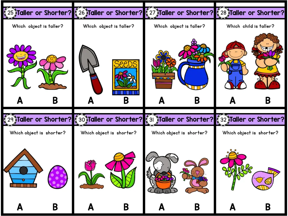Color task cards 25-32: students choose the taller or shorter of flowers, a trowel and seeds, two children, a dog and bunny