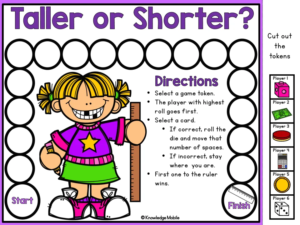 Taller or Shorter? game board: players answer a card correctly, roll a die and move from Start toward the ruler at Finish