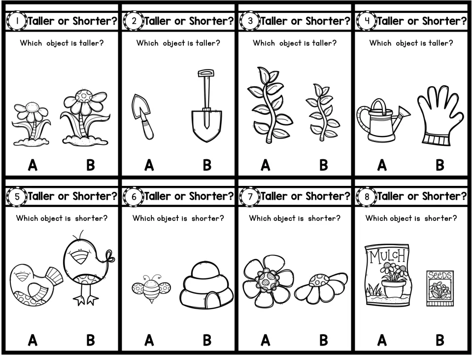 Black-and-white task cards 1-8: students compare heights of flowers, garden tools, vines, birds, a bee and hive