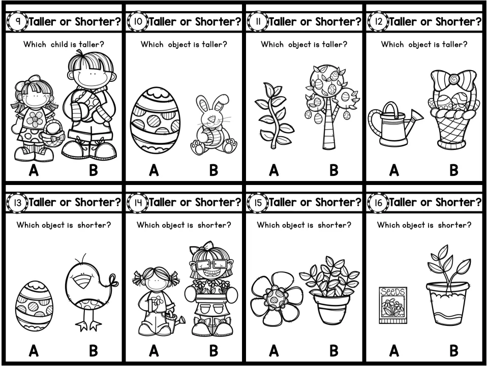 Black-and-white task cards 9-16: students decide which child, egg, plant or basket is taller or shorter, answering A or B