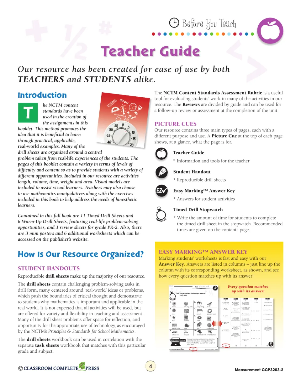 Teacher Guide introducing the drill sheets, picture cues, timed drill stopwatch and Easy Marking answer key format