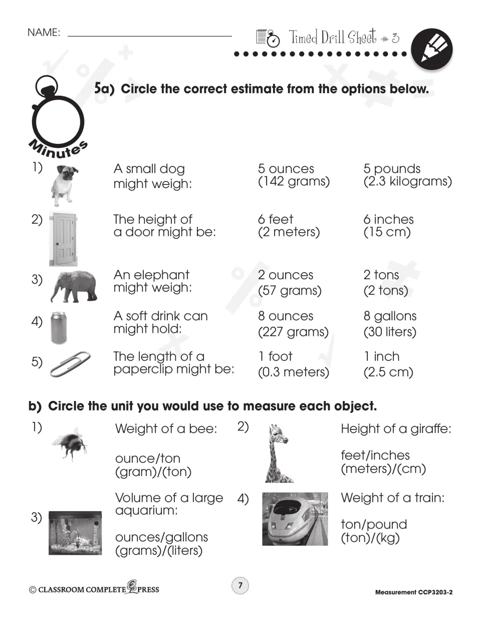 Timed Drill Sheet 3: circle estimates (a small dog's weight, a door's height) and units for a bee, giraffe and train