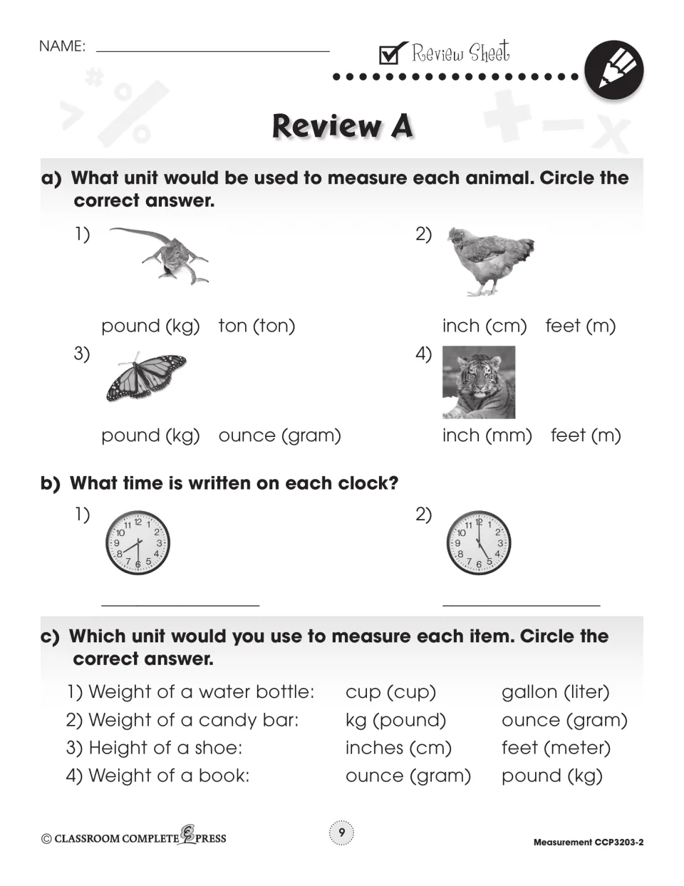 Review A: choose units for a lizard, chicken, butterfly and tiger, tell time on 2 clocks, and units for 4 items