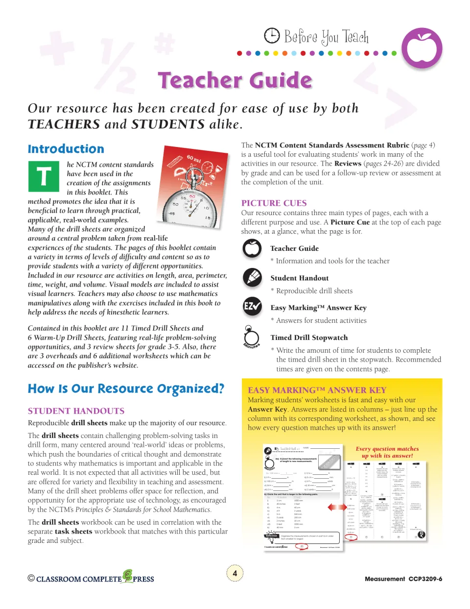 Teacher guide explains measurement drill organization, picture cues, timed practice, and answer key use