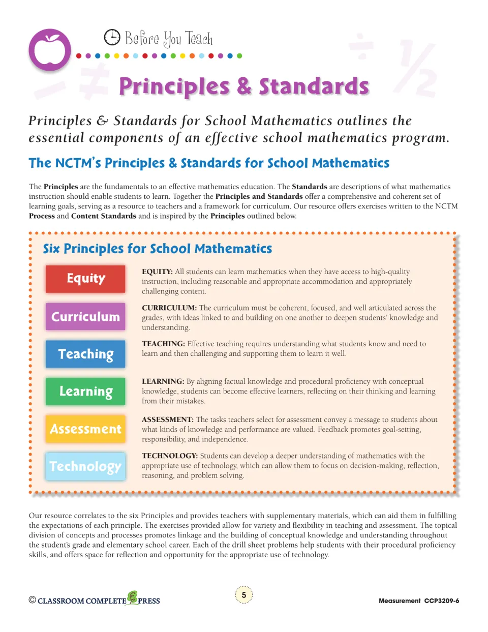 Teacher reference explains six math principles: equity, curriculum, teaching, learning, assessment, and technology