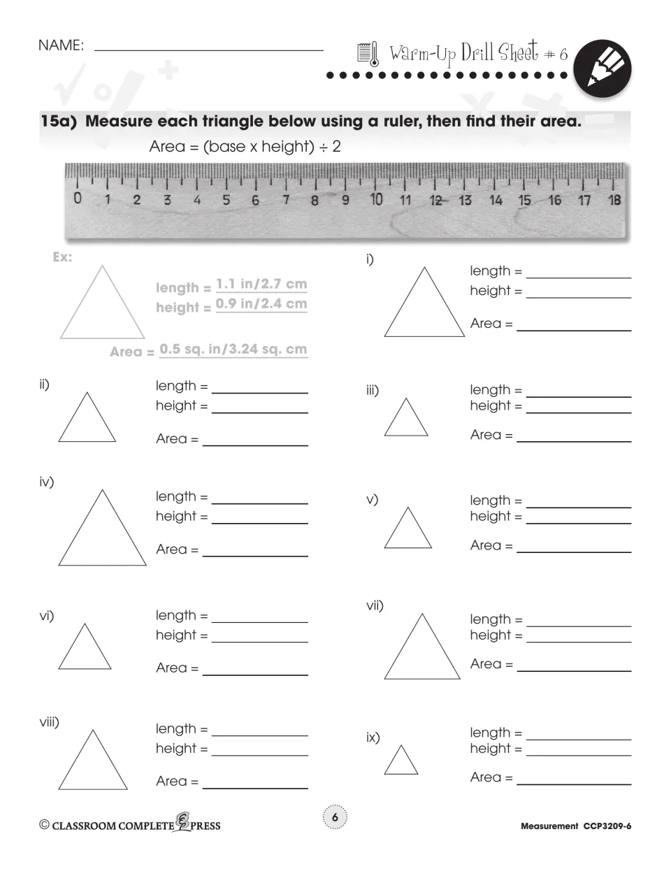 Warm-Up Drill Sheet 6 asks students to measure nine triangles and calculate area using base times height divided by 2