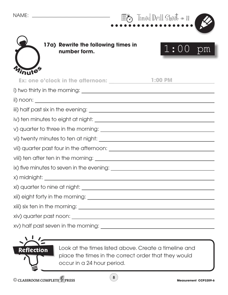 Timed Drill Sheet 11 asks students to write 15 times in number form and order them on a 24-hour timeline