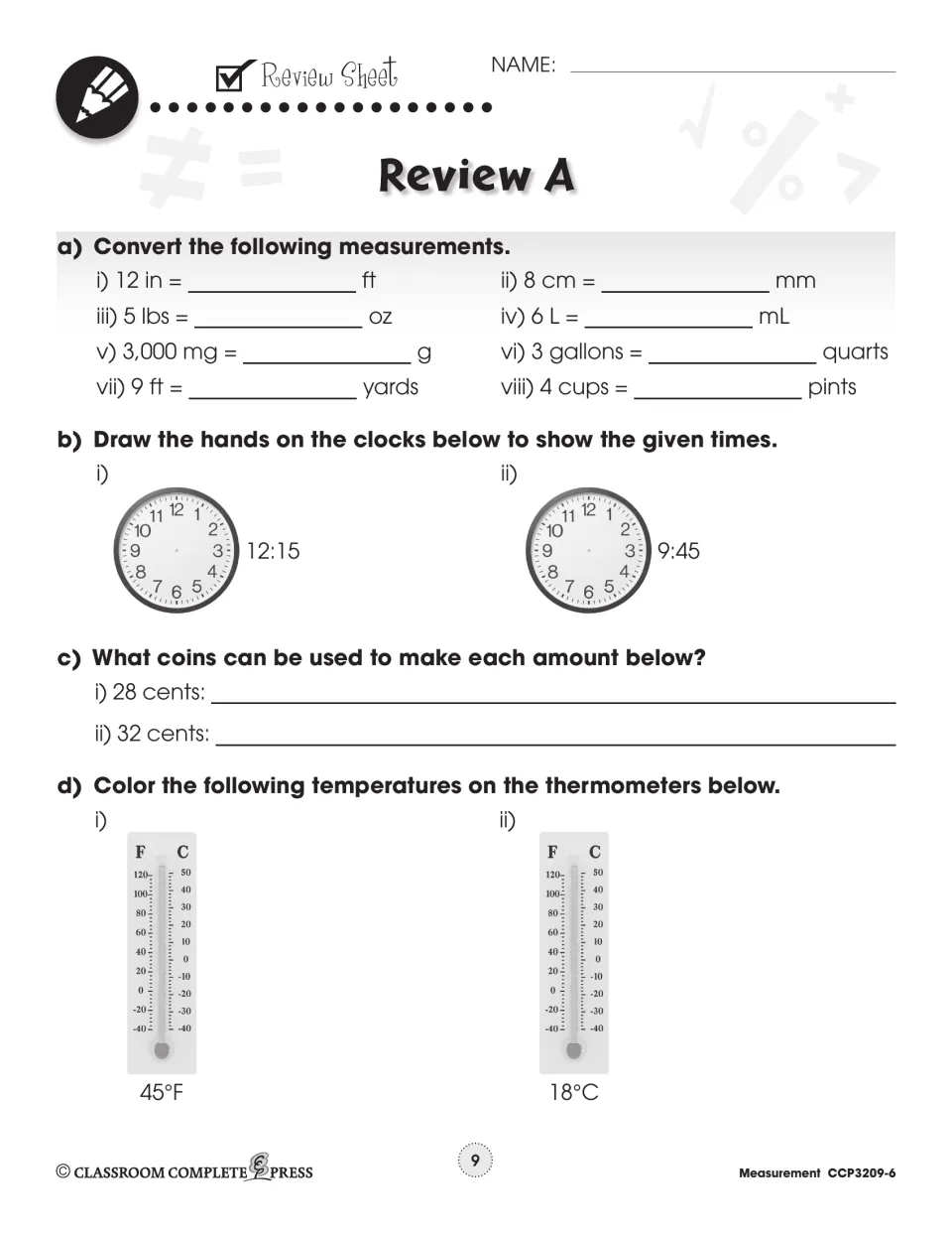 Review A combines eight unit conversions, clock hands for 12:15 and 9:45, coin amounts, and thermometer readings