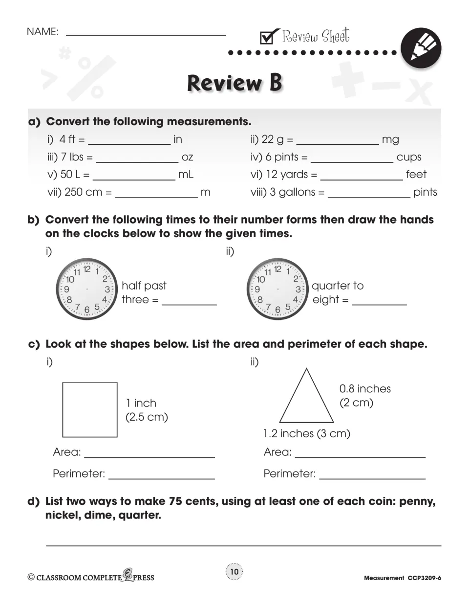 Review B covers eight unit conversions, two clock times, area and perimeter, and two ways to make 75 cents