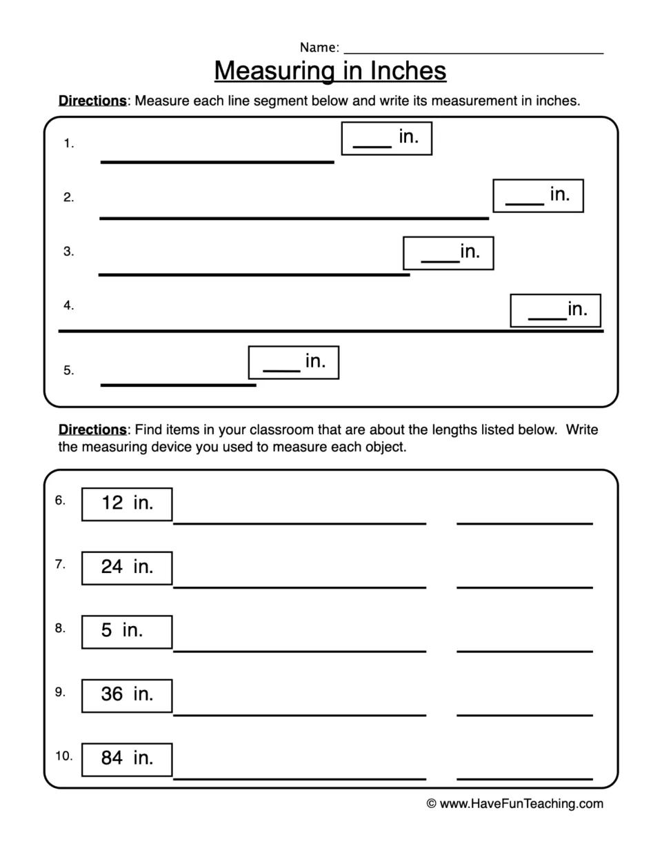 Measurement practice: measure five segments in inches and find classroom items about 12, 24, 5, 36, and 84 inches.