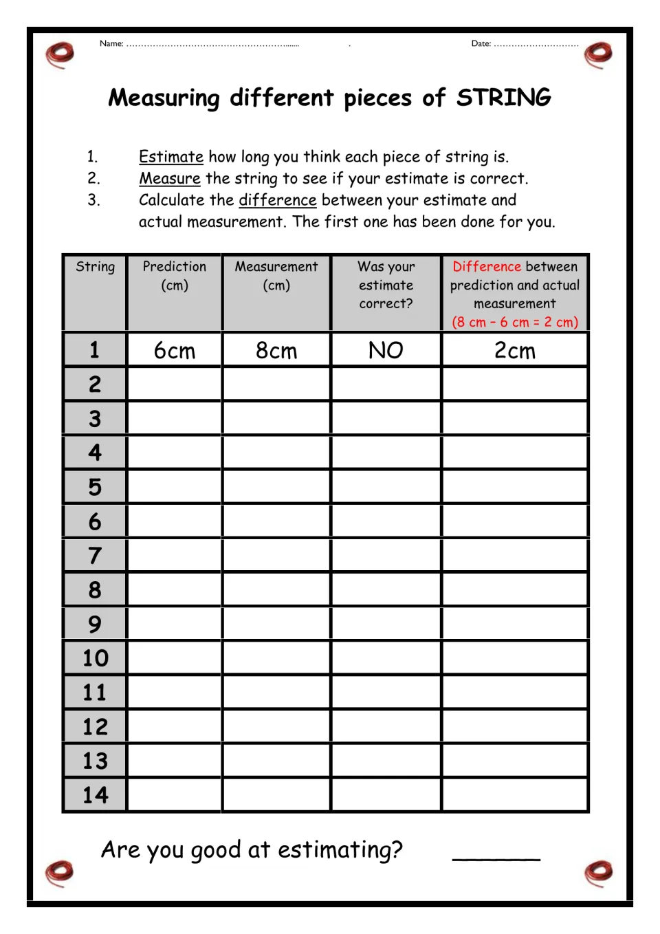 Measuring string: students estimate 14 string lengths in cm, measure each, and find the difference, with item 1 modelled