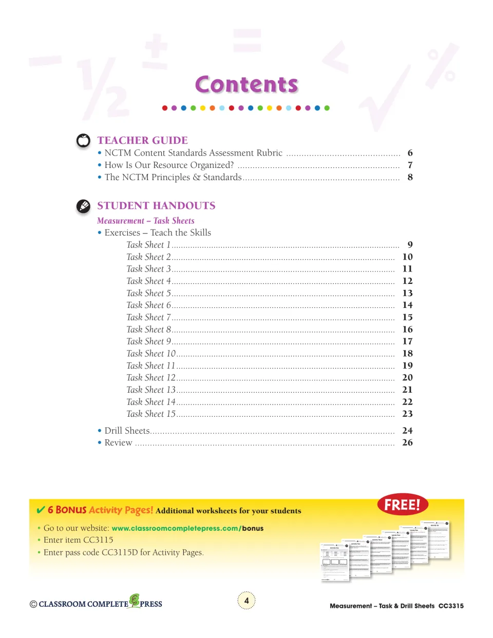 Contents, part 1: teacher guide pages, Task Sheets 1–15 on pages 9–23, drill sheets on page 24, review on page 26