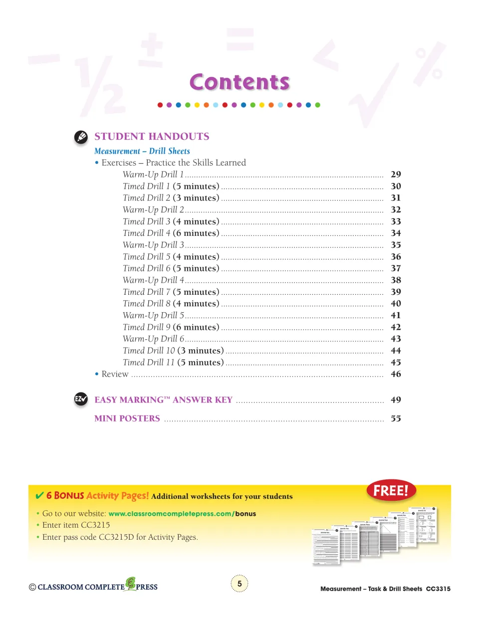 Contents, part 2: warm-up drills 1–6, timed drills 1–11 with time limits, answer key (p. 49) and mini posters