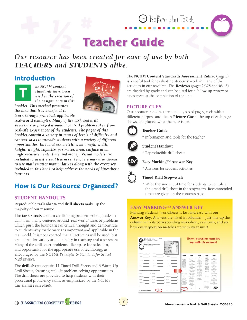 Teacher Guide introduction: how the task and drill sheets are organized, picture cues and the answer key format