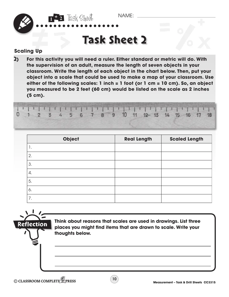 Task Sheet 2 'Scaling Up': measure 7 classroom objects and scale them at 1 inch = 1 foot (or 1 cm = 10 cm)