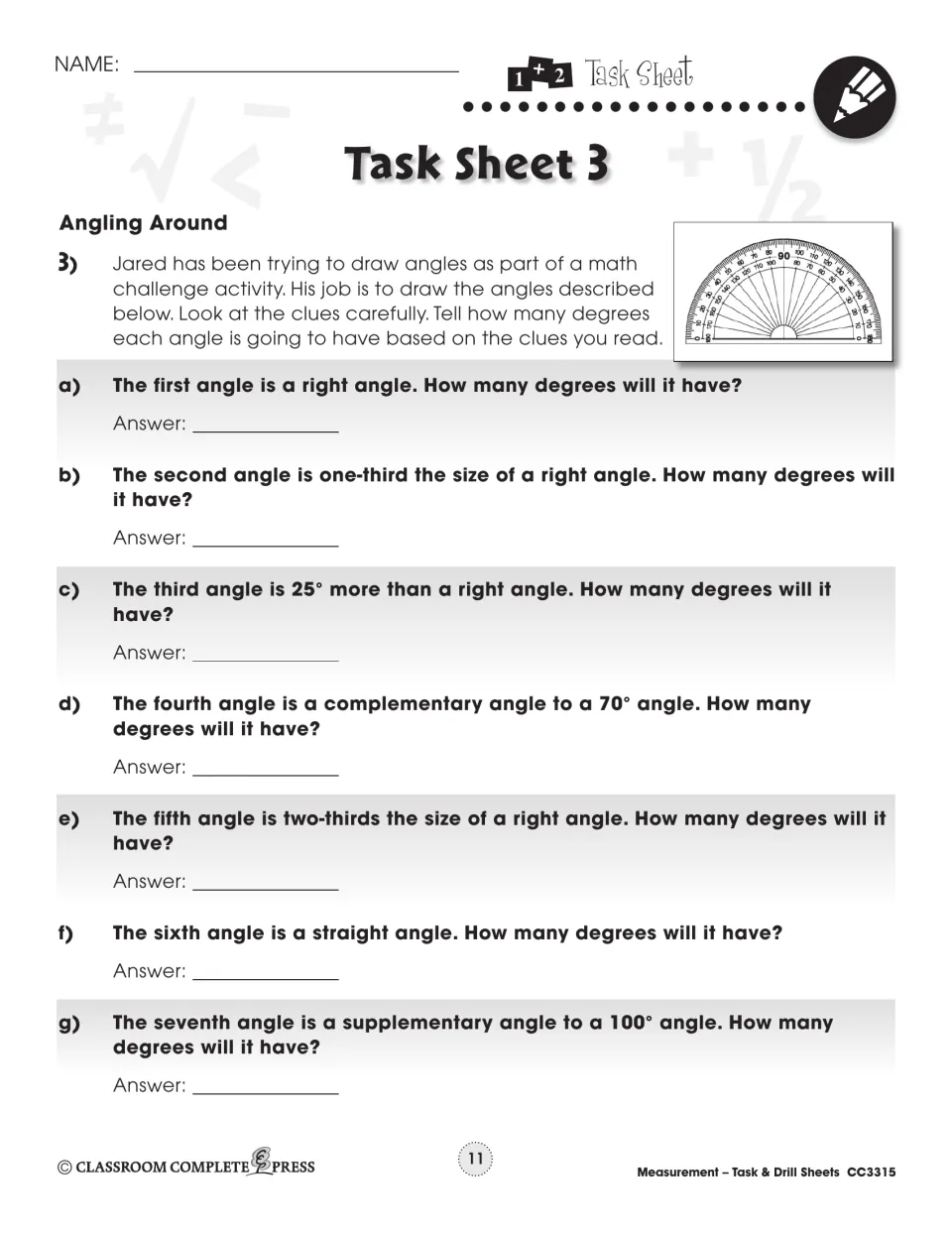 Task Sheet 3 'Angling Around': find degrees for 7 angles from clues like right, complementary and supplementary