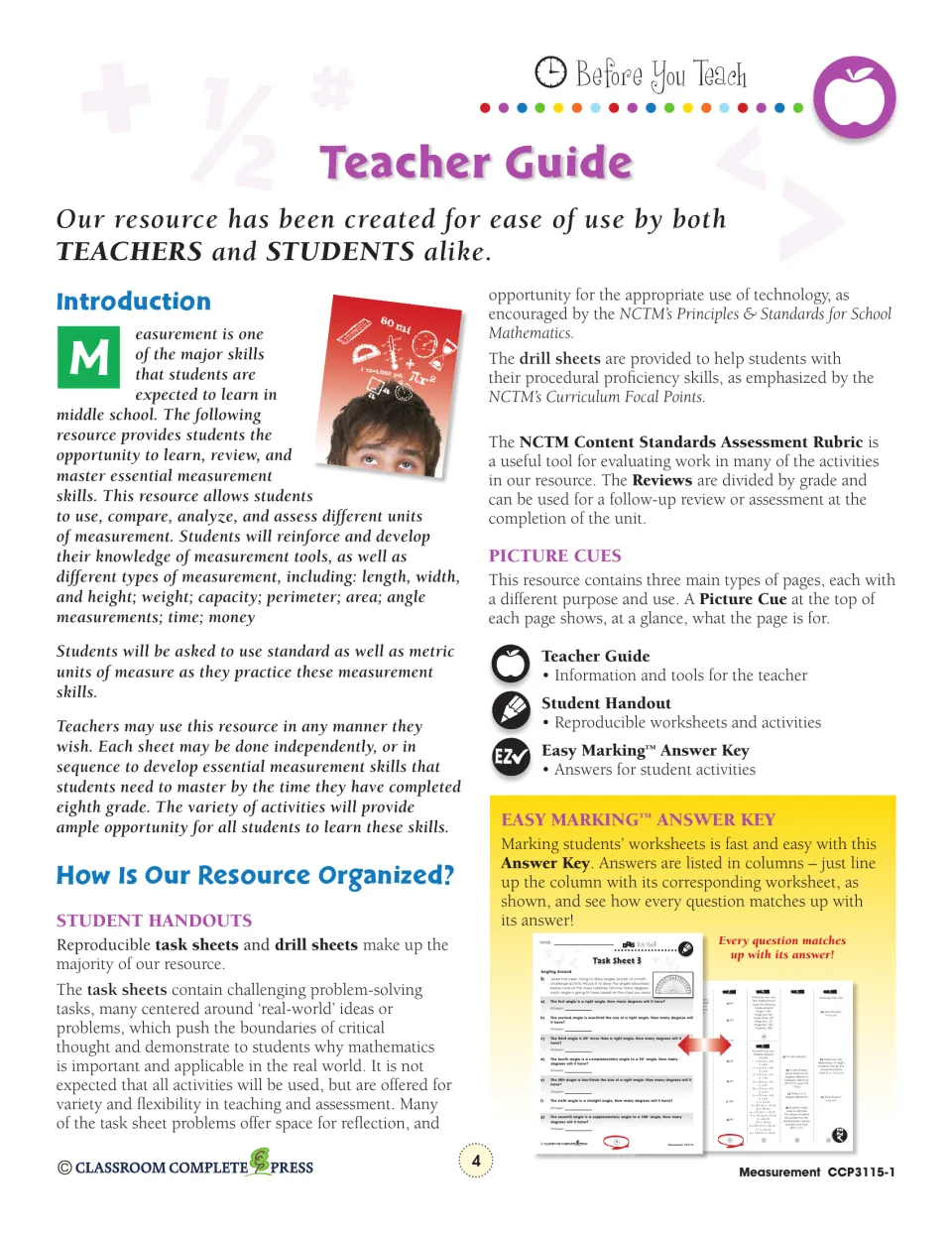 Teacher guide explains measurement skills, task and drill sheets, assessment rubrics, and answer key use