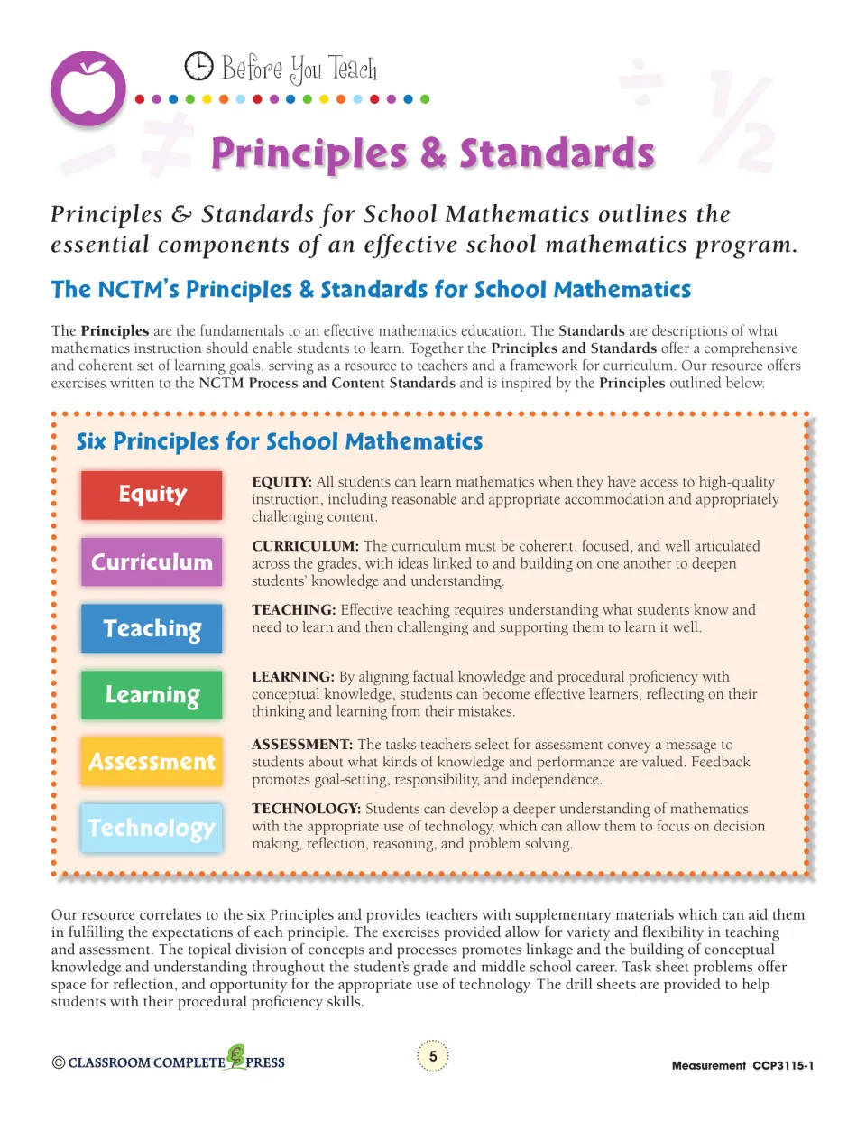 Teacher reference explains six NCTM principles: equity, curriculum, teaching, learning, assessment, technology