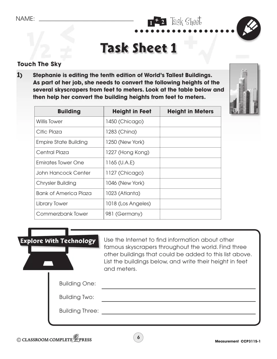Task Sheet 1 asks students to convert 10 skyscraper heights from feet to meters and research three more